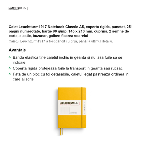 Caiet Leuchtturm1917 Notebook Classic A5, coperta rigida, punctat, 251 pagini numerotate, hartie 80 g/mp, 145 x 210 mm, cuprins, 2 semne de carte, elastic, buzunar, galben floarea soarelui [1]