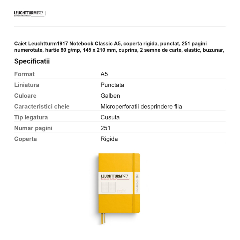 Caiet Leuchtturm1917 Notebook Classic A5, coperta rigida, punctat, 251 pagini numerotate, hartie 80 g/mp, 145 x 210 mm, cuprins, 2 semne de carte, elastic, buzunar, galben floarea soarelui [2]