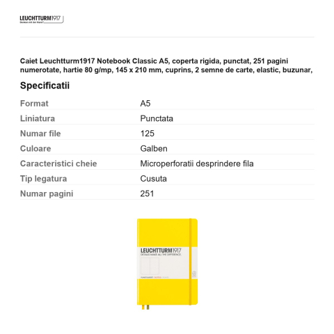 Caiet Leuchtturm1917 Notebook Classic A5, coperta rigida, punctat, 251 pagini numerotate, hartie 80 g/mp, 145 x 210 mm, cuprins, 2 semne de carte, elastic, buzunar, galben [2]