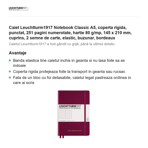 Caiet Leuchtturm1917 Notebook Classic A5, coperta rigida, punctat, 251 pagini numerotate, hartie 80 g/mp, 145 x 210 mm, cuprins, 2 semne de carte, elastic, buzunar, bordeaux [1]