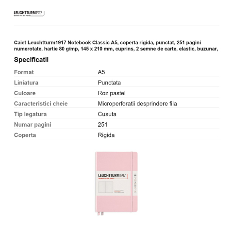 Caiet Leuchtturm1917 Notebook Classic A5, coperta rigida, punctat, 251 pagini numerotate, hartie 80 g/mp, 145 x 210 mm, cuprins, 2 semne de carte, elastic, buzunar, roz pastel [2]