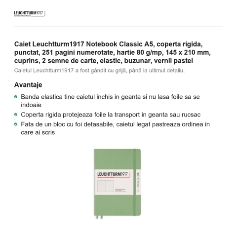 Caiet Leuchtturm1917 Notebook Classic A5, coperta rigida, punctat, 251 pagini numerotate, hartie 80 g/mp, 145 x 210 mm, cuprins, 2 semne de carte, elastic, buzunar, vernil pastel [1]
