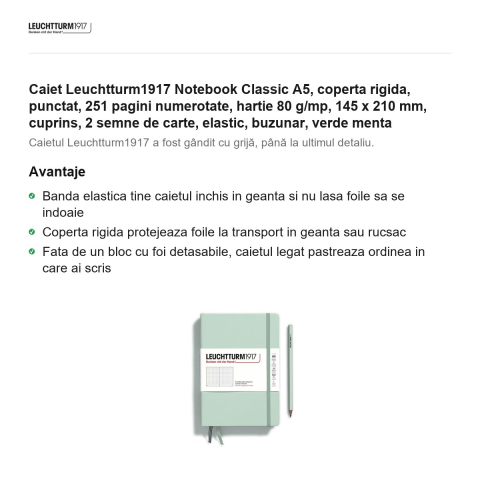 Caiet Leuchtturm1917 Notebook Classic A5, coperta rigida, punctat, 251 pagini numerotate, hartie 80 g/mp, 145 x 210 mm, cuprins, 2 semne de carte, elastic, buzunar, verde menta [1]
