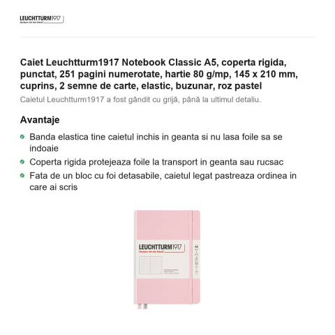 Caiet Leuchtturm1917 Notebook Classic A5, coperta rigida, punctat, 251 pagini numerotate, hartie 80 g/mp, 145 x 210 mm, cuprins, 2 semne de carte, elastic, buzunar, roz pastel [1]