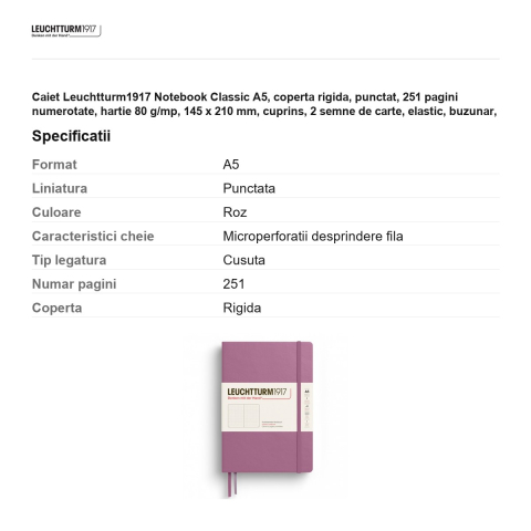 Caiet Leuchtturm1917 Notebook Classic A5, coperta rigida, punctat, 251 pagini numerotate, hartie 80 g/mp, 145 x 210 mm, cuprins, 2 semne de carte, elastic, buzunar, dusty rose [2]