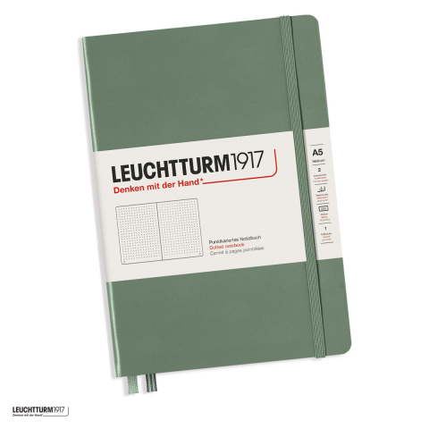 Birotica papetarie - Caiet Leuchtturm1917 Notebook Classic A5, coperta rigida, punctat, 251 pagini numerotate, hartie 80 g/mp, 145 x 210 mm, cuprins, 2 semne de carte, elastic, buzunar, olive