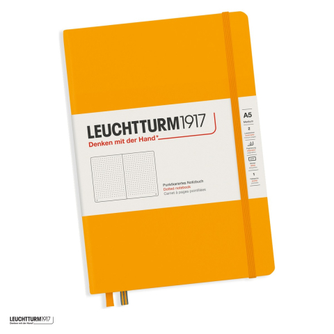 Birotica papetarie - Caiet Leuchtturm1917 Notebook Classic A5, coperta rigida, punctat, 251 pagini numerotate, hartie 80 g/mp, 145 x 210 mm, cuprins, 2 semne de carte, elastic, buzunar, galben mustar