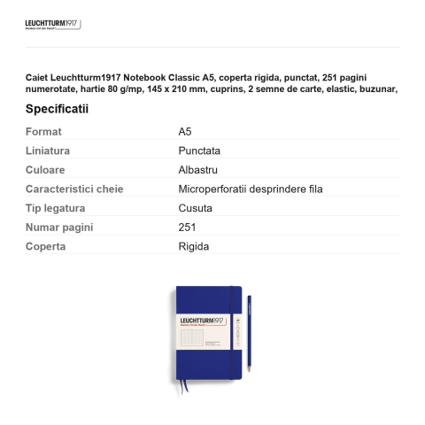 Caiet Leuchtturm1917 Notebook Classic A5, coperta rigida, punctat, 251 pagini numerotate, hartie 80 g/mp, 145 x 210 mm, cuprins, 2 semne de carte, elastic, buzunar, albastru cerneala [2]