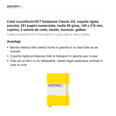Caiet Leuchtturm1917 Notebook Classic A5, coperta rigida, punctat, 251 pagini numerotate, hartie 80 g/mp, 145 x 210 mm, cuprins, 2 semne de carte, elastic, buzunar, galben [1]