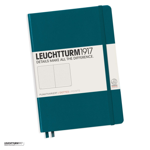 Birotica papetarie - Caiet Leuchtturm1917 Notebook Classic A5, coperta rigida, punctat, 251 pagini numerotate, hartie 80 g/mp, 145 x 210 mm, cuprins, 2 semne de carte, elastic, buzunar, verde pacific