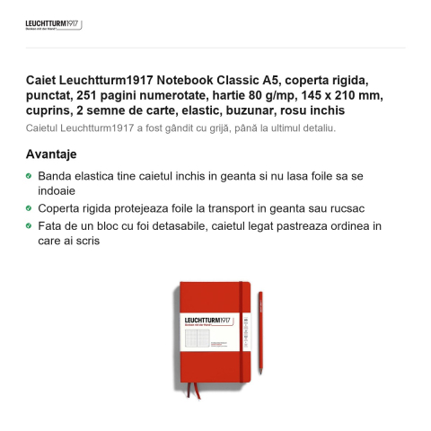 Caiet Leuchtturm1917 Notebook Classic A5, coperta rigida, punctat, 251 pagini numerotate, hartie 80 g/mp, 145 x 210 mm, cuprins, 2 semne de carte, elastic, buzunar, rosu inchis [1]