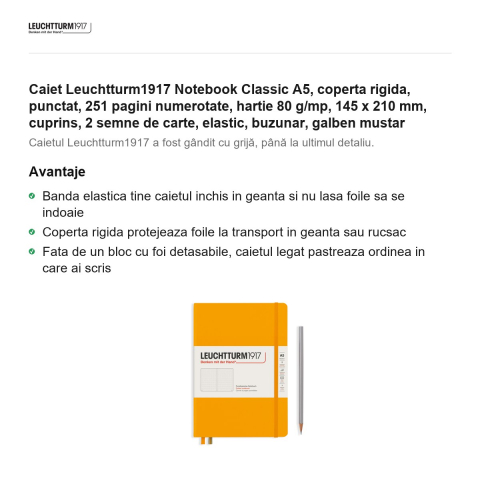 Caiet Leuchtturm1917 Notebook Classic A5, coperta rigida, punctat, 251 pagini numerotate, hartie 80 g/mp, 145 x 210 mm, cuprins, 2 semne de carte, elastic, buzunar, galben mustar [1]