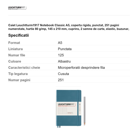 Caiet Leuchtturm1917 Notebook Classic A5, coperta rigida, punctat, 251 pagini numerotate, hartie 80 g/mp, 145 x 210 mm, cuprins, 2 semne de carte, elastic, buzunar, albastru piatra [2]