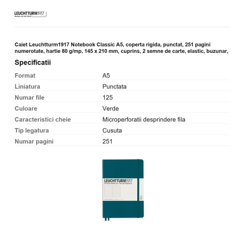 Caiet Leuchtturm1917 Notebook Classic A5, coperta rigida, punctat, 251 pagini numerotate, hartie 80 g/mp, 145 x 210 mm, cuprins, 2 semne de carte, elastic, buzunar, verde pacific [2]