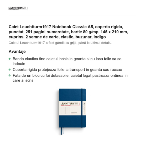 Caiet Leuchtturm1917 Notebook Classic A5, coperta rigida, punctat, 251 pagini numerotate, hartie 80 g/mp, 145 x 210 mm, cuprins, 2 semne de carte, elastic, buzunar, indigo [1]
