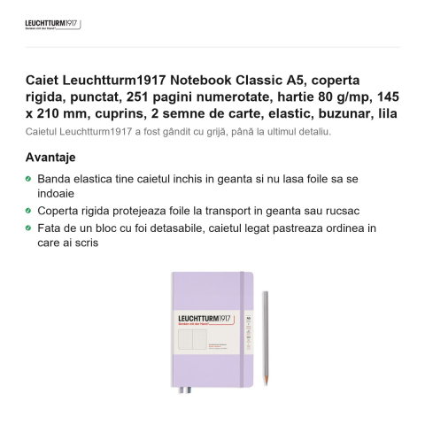 Caiet Leuchtturm1917 Notebook Classic A5, coperta rigida, punctat, 251 pagini numerotate, hartie 80 g/mp, 145 x 210 mm, cuprins, 2 semne de carte, elastic, buzunar, lila [1]