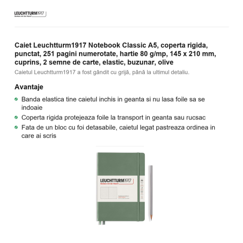 Caiet Leuchtturm1917 Notebook Classic A5, coperta rigida, punctat, 251 pagini numerotate, hartie 80 g/mp, 145 x 210 mm, cuprins, 2 semne de carte, elastic, buzunar, olive [1]