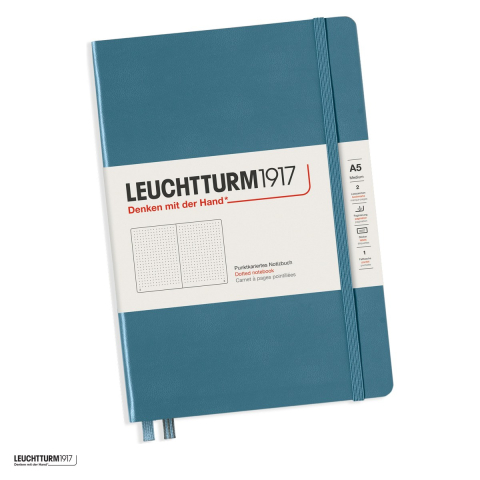 Birotica papetarie - Caiet Leuchtturm1917 Notebook Classic A5, coperta rigida, punctat, 251 pagini numerotate, hartie 80 g/mp, 145 x 210 mm, cuprins, 2 semne de carte, elastic, buzunar, albastru piatra