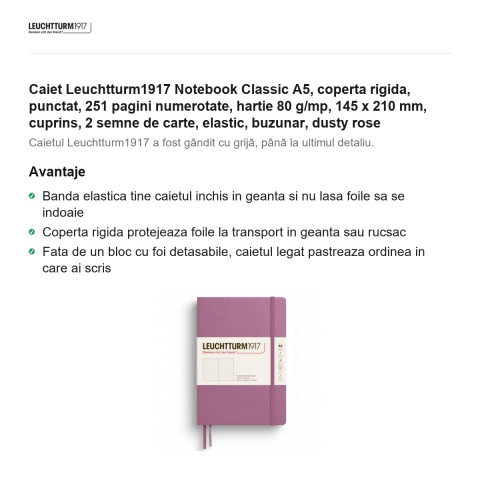 Caiet Leuchtturm1917 Notebook Classic A5, coperta rigida, punctat, 251 pagini numerotate, hartie 80 g/mp, 145 x 210 mm, cuprins, 2 semne de carte, elastic, buzunar, dusty rose [1]