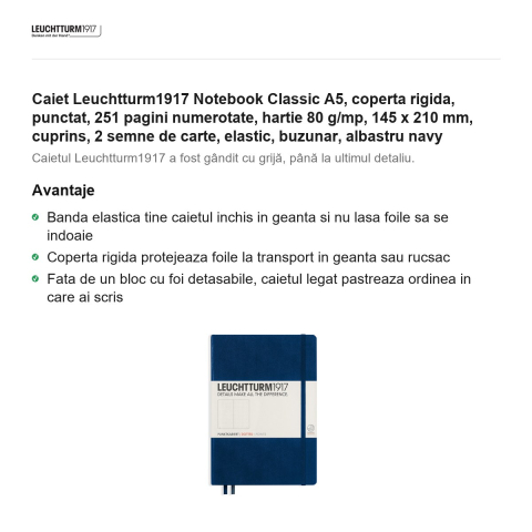 Caiet Leuchtturm1917 Notebook Classic A5, coperta rigida, punctat, 251 pagini numerotate, hartie 80 g/mp, 145 x 210 mm, cuprins, 2 semne de carte, elastic, buzunar, albastru navy [1]