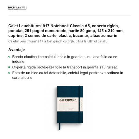 Caiet Leuchtturm1917 Notebook Classic A5, coperta rigida, punctat, 251 pagini numerotate, hartie 80 g/mp, 145 x 210 mm, cuprins, 2 semne de carte, elastic, buzunar, albastru marin [1]