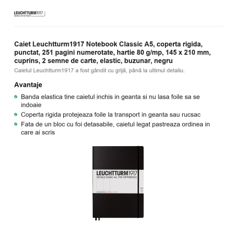 Caiet Leuchtturm1917 Notebook Classic A5, coperta rigida, punctat, 251 pagini numerotate, hartie 80 g/mp, 145 x 210 mm, cuprins, 2 semne de carte, elastic, buzunar, negru [1]