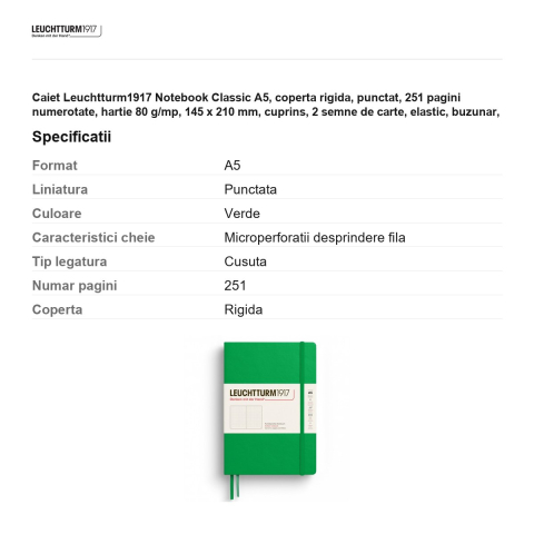 Caiet Leuchtturm1917 Notebook Classic A5, coperta rigida, punctat, 251 pagini numerotate, hartie 80 g/mp, 145 x 210 mm, cuprins, 2 semne de carte, elastic, buzunar, verde primavaratic [2]