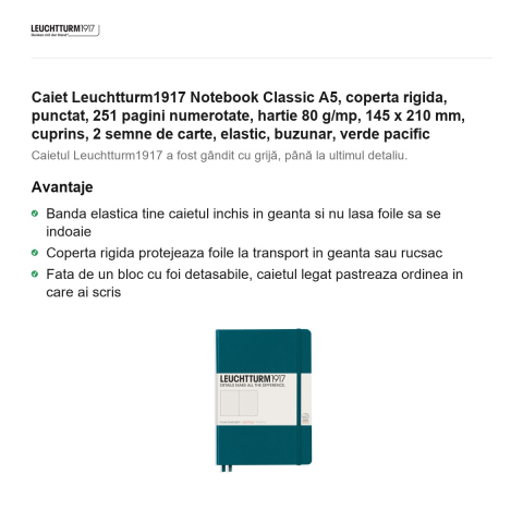 Caiet Leuchtturm1917 Notebook Classic A5, coperta rigida, punctat, 251 pagini numerotate, hartie 80 g/mp, 145 x 210 mm, cuprins, 2 semne de carte, elastic, buzunar, verde pacific [1]