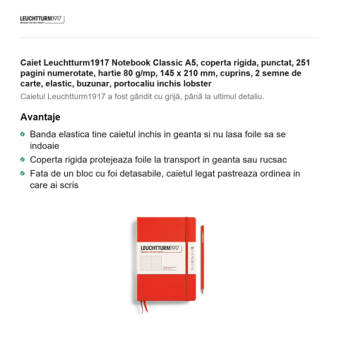 Caiet Leuchtturm1917 Notebook Classic A5, coperta rigida, punctat, 251 pagini numerotate, hartie 80 g/mp, 145 x 210 mm, cuprins, 2 semne de carte, elastic, buzunar, portocaliu inchis lobster [1]