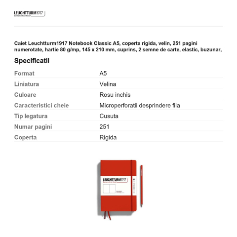 Caiet Leuchtturm1917 Notebook Classic A5, coperta rigida, velin, 251 pagini numerotate, hartie 80 g/mp, 145 x 210 mm, cuprins, 2 semne de carte, elastic, buzunar, rosu inchis [2]