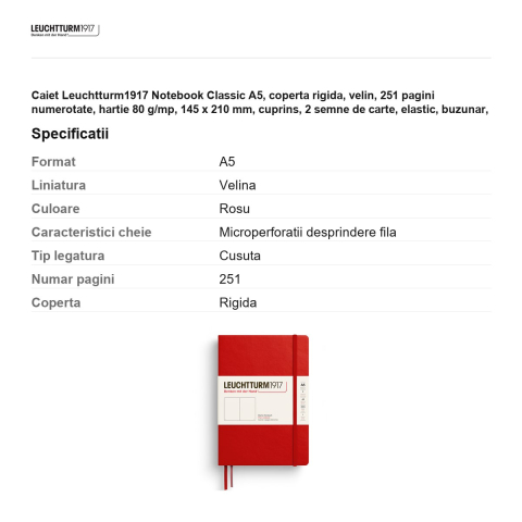 Caiet Leuchtturm1917 Notebook Classic A5, coperta rigida, velin, 251 pagini numerotate, hartie 80 g/mp, 145 x 210 mm, cuprins, 2 semne de carte, elastic, buzunar, rosu cherry [2]