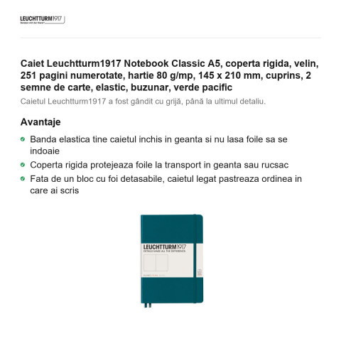 Caiet Leuchtturm1917 Notebook Classic A5, coperta rigida, velin, 251 pagini numerotate, hartie 80 g/mp, 145 x 210 mm, cuprins, 2 semne de carte, elastic, buzunar, verde pacific [1]