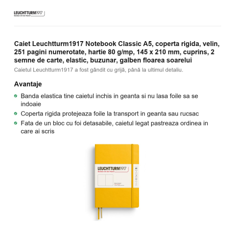 Caiet Leuchtturm1917 Notebook Classic A5, coperta rigida, velin, 251 pagini numerotate, hartie 80 g/mp, 145 x 210 mm, cuprins, 2 semne de carte, elastic, buzunar, galben floarea soarelui [1]