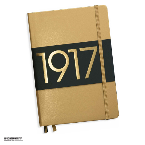 Birotica papetarie - Caiet Leuchtturm1917 Notebook Classic A5, coperta rigida, velin, 251 pagini numerotate, hartie 80 g/mp, 145 x 210 mm, cuprins, 2 semne de carte, elastic, buzunar, auriu
