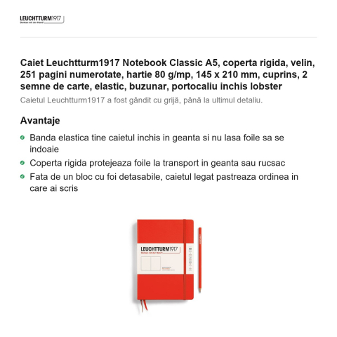 Caiet Leuchtturm1917 Notebook Classic A5, coperta rigida, velin, 251 pagini numerotate, hartie 80 g/mp, 145 x 210 mm, cuprins, 2 semne de carte, elastic, buzunar, portocaliu inchis lobster [1]