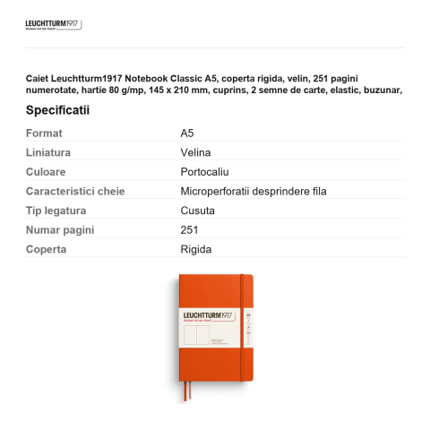 Caiet Leuchtturm1917 Notebook Classic A5, coperta rigida, velin, 251 pagini numerotate, hartie 80 g/mp, 145 x 210 mm, cuprins, 2 semne de carte, elastic, buzunar, portocaliu dovleac [2]