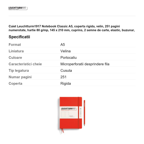 Caiet Leuchtturm1917 Notebook Classic A5, coperta rigida, velin, 251 pagini numerotate, hartie 80 g/mp, 145 x 210 mm, cuprins, 2 semne de carte, elastic, buzunar, portocaliu inchis lobster [2]