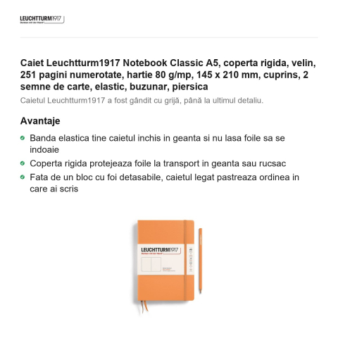 Caiet Leuchtturm1917 Notebook Classic A5, coperta rigida, velin, 251 pagini numerotate, hartie 80 g/mp, 145 x 210 mm, cuprins, 2 semne de carte, elastic, buzunar, piersica [1]