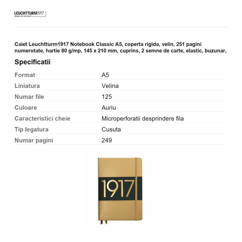 Caiet Leuchtturm1917 Notebook Classic A5, coperta rigida, velin, 251 pagini numerotate, hartie 80 g/mp, 145 x 210 mm, cuprins, 2 semne de carte, elastic, buzunar, auriu [2]