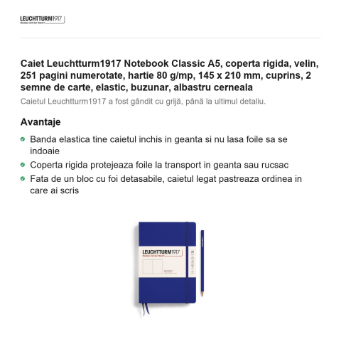Caiet Leuchtturm1917 Notebook Classic A5, coperta rigida, velin, 251 pagini numerotate, hartie 80 g/mp, 145 x 210 mm, cuprins, 2 semne de carte, elastic, buzunar, albastru cerneala [1]