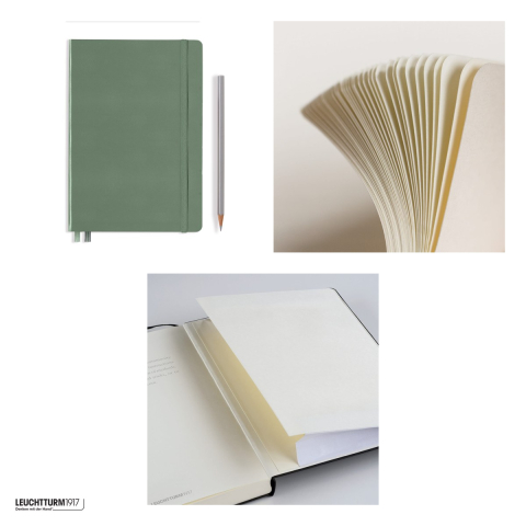 Caiet Leuchtturm1917 Notebook Classic A5, coperta rigida, velin, 251 pagini numerotate, hartie 80 g/mp, 145 x 210 mm, cuprins, 2 semne de carte, elastic, buzunar, olive [3]