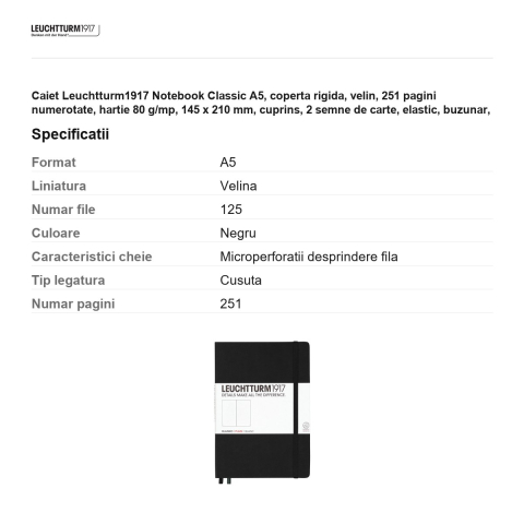Caiet Leuchtturm1917 Notebook Classic A5, coperta rigida, velin, 251 pagini numerotate, hartie 80 g/mp, 145 x 210 mm, cuprins, 2 semne de carte, elastic, buzunar, negru [2]