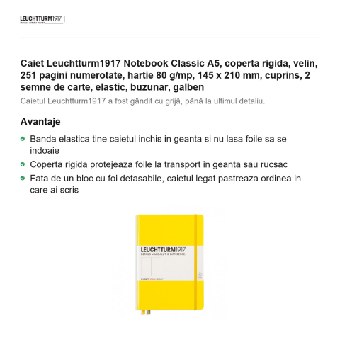 Caiet Leuchtturm1917 Notebook Classic A5, coperta rigida, velin, 251 pagini numerotate, hartie 80 g/mp, 145 x 210 mm, cuprins, 2 semne de carte, elastic, buzunar, galben [1]