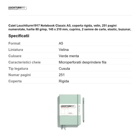 Caiet Leuchtturm1917 Notebook Classic A5, coperta rigida, velin, 251 pagini numerotate, hartie 80 g/mp, 145 x 210 mm, cuprins, 2 semne de carte, elastic, buzunar, verde menta [2]