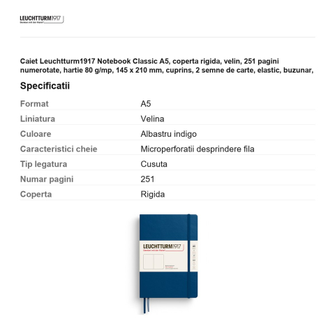 Caiet Leuchtturm1917 Notebook Classic A5, coperta rigida, velin, 251 pagini numerotate, hartie 80 g/mp, 145 x 210 mm, cuprins, 2 semne de carte, elastic, buzunar, indigo [2]