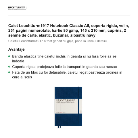 Caiet Leuchtturm1917 Notebook Classic A5, coperta rigida, velin, 251 pagini numerotate, hartie 80 g/mp, 145 x 210 mm, cuprins, 2 semne de carte, elastic, buzunar, albastru navy [1]