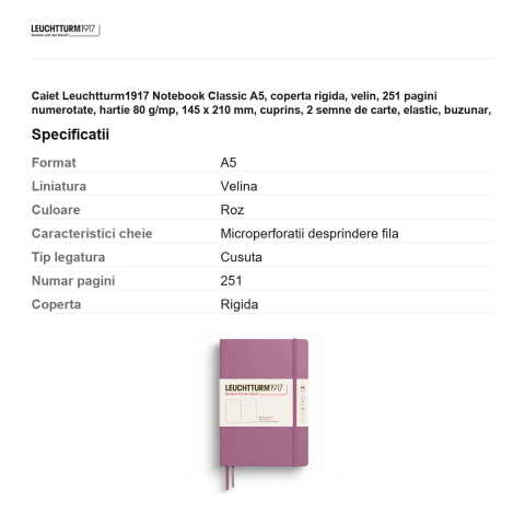 Caiet Leuchtturm1917 Notebook Classic A5, coperta rigida, velin, 251 pagini numerotate, hartie 80 g/mp, 145 x 210 mm, cuprins, 2 semne de carte, elastic, buzunar, dusty rose [2]
