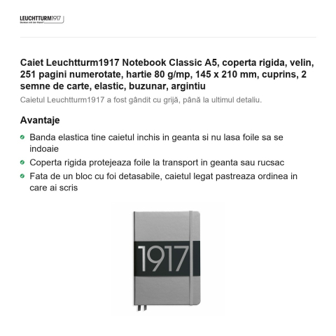 Caiet Leuchtturm1917 Notebook Classic A5, coperta rigida, velin, 251 pagini numerotate, hartie 80 g/mp, 145 x 210 mm, cuprins, 2 semne de carte, elastic, buzunar, argintiu [1]