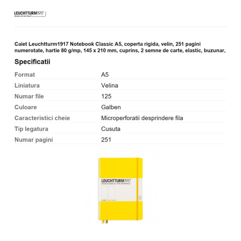 Caiet Leuchtturm1917 Notebook Classic A5, coperta rigida, velin, 251 pagini numerotate, hartie 80 g/mp, 145 x 210 mm, cuprins, 2 semne de carte, elastic, buzunar, galben [2]