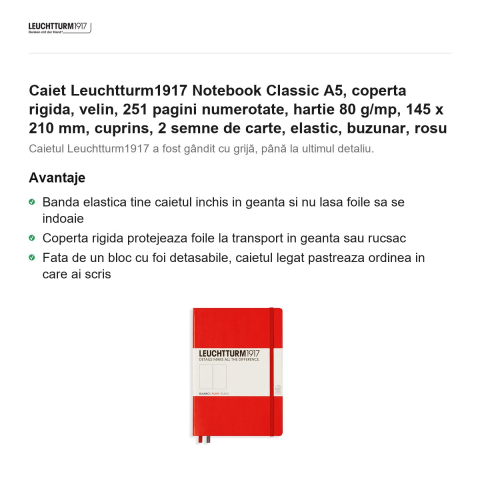 Caiet Leuchtturm1917 Notebook Classic A5, coperta rigida, velin, 251 pagini numerotate, hartie 80 g/mp, 145 x 210 mm, cuprins, 2 semne de carte, elastic, buzunar, rosu [1]